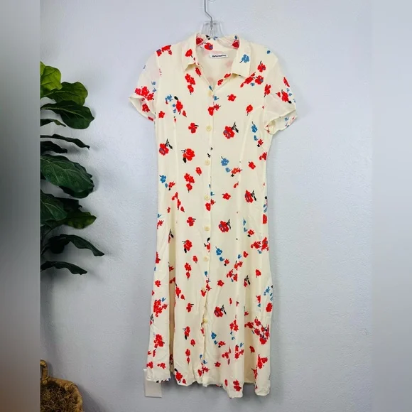 Reformation Sheila Georgette Floral button down Red Blue Shirt Dress